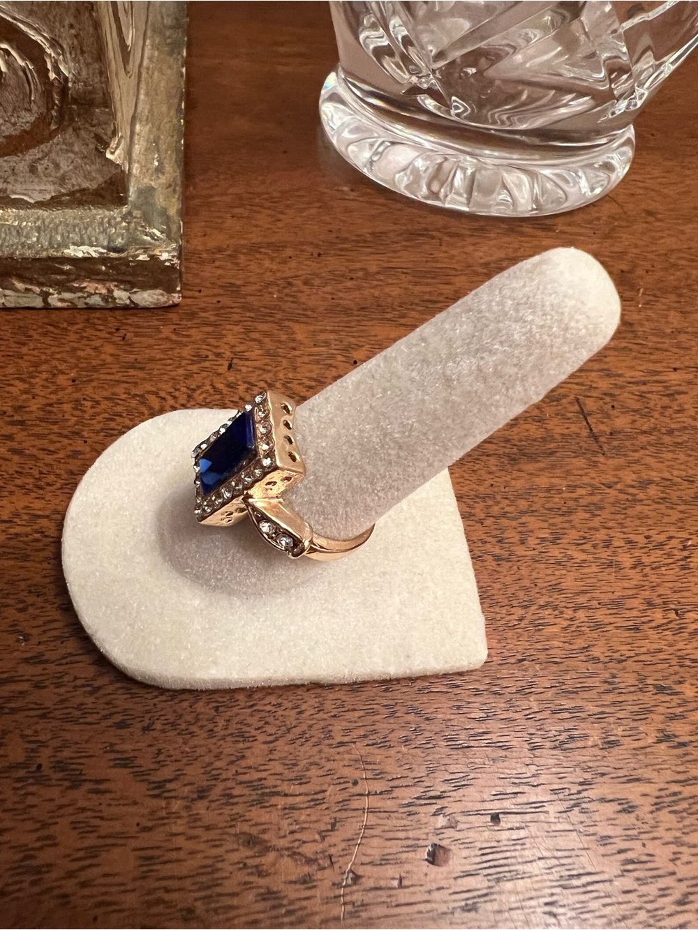 Blue Emerald-Cut Halo Ring with Gold Tone Band - Picture 4 of 6